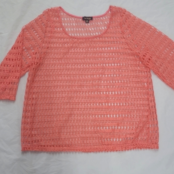 Coral Crochet Knit Top Sheer Elbow Short Sleeve Scoop Neck - Picture 7 of 9